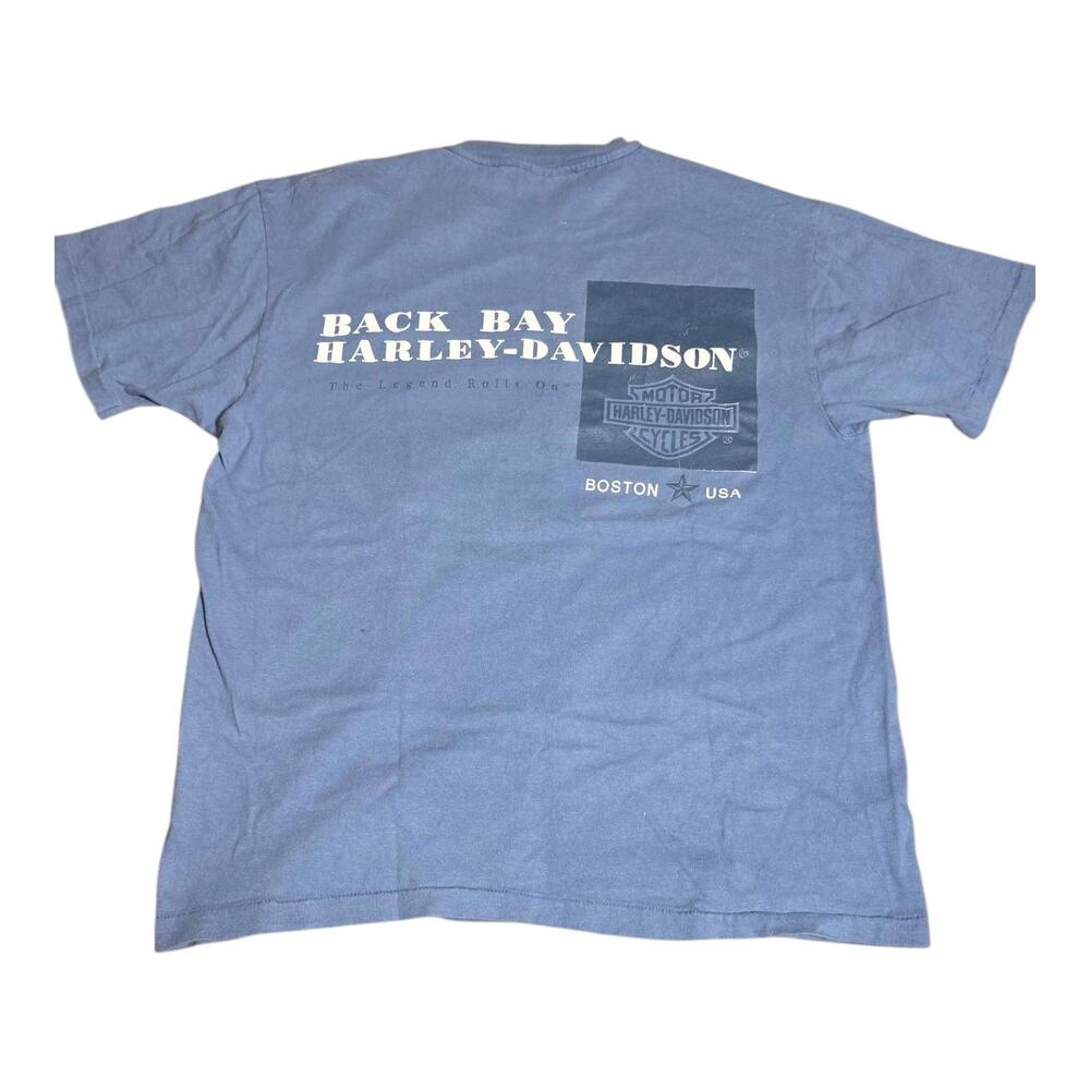 Vintage 1996 Harley-Davidson Back Bay Boston USA T-Shirt Blue Size L Made in USA - Picture 2 of 7